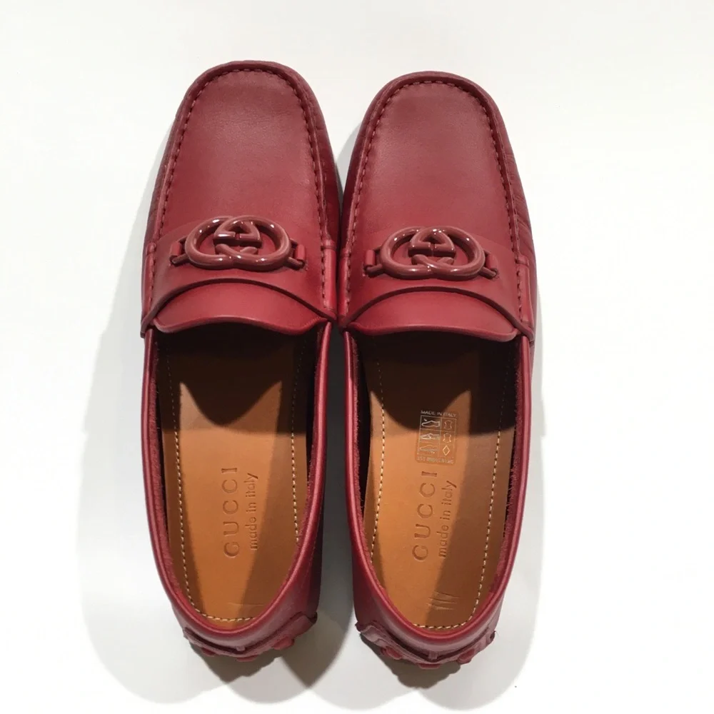 GUCCI INTERLOCKING G DRIVING MOCCASINS -RED CALF LEATHER -MEN’S US 9 -NEW - Picture 7 of 11